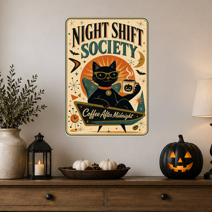 Night Shift Society Black Cat Coffee metal sign with retro humor halloween style — Night Shift Society Black Cat Coffee
