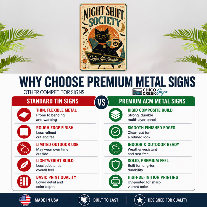 Night Shift Society Black Cat Coffee metal sign with retro humor halloween style — Night Shift Society Black Cat Coffee