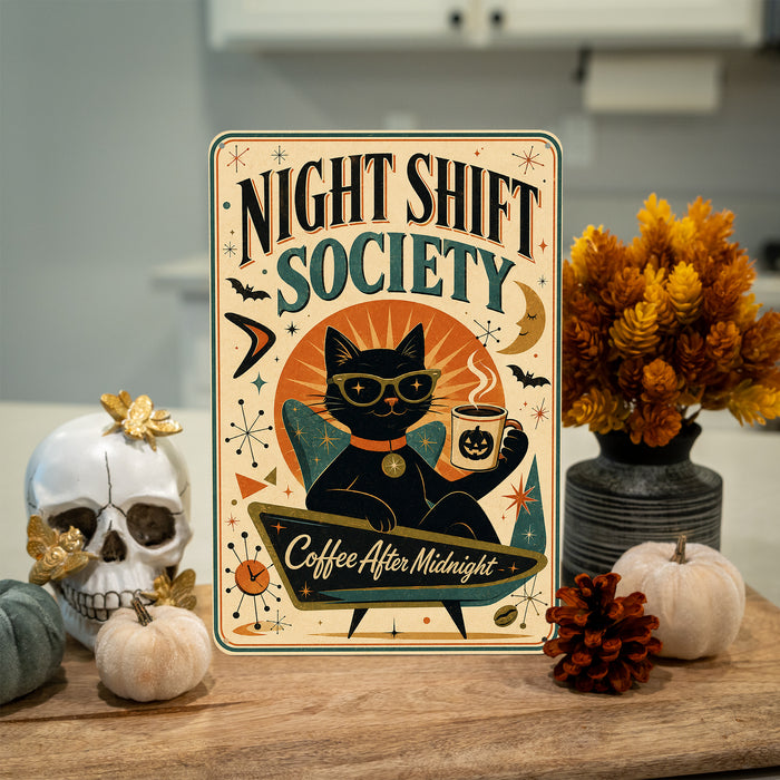 Night Shift Society Black Cat Coffee metal sign with retro humor halloween style — Night Shift Society Black Cat Coffee
