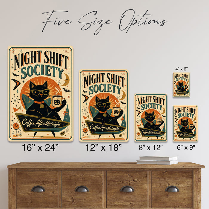 Night Shift Society Black Cat Coffee metal sign with retro humor halloween style — Night Shift Society Black Cat Coffee