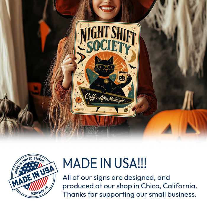 Night Shift Society Black Cat Coffee metal sign with retro humor halloween style — Night Shift Society Black Cat Coffee