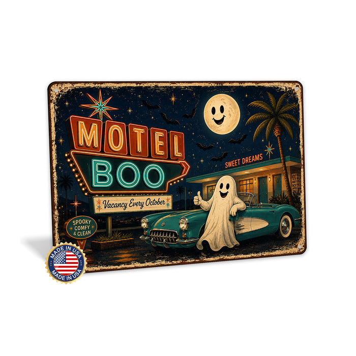 Motel Boo Vacancy Every October Ghost metal sign with retro humor halloween style — Motel Boo Vacancy Every October Ghost