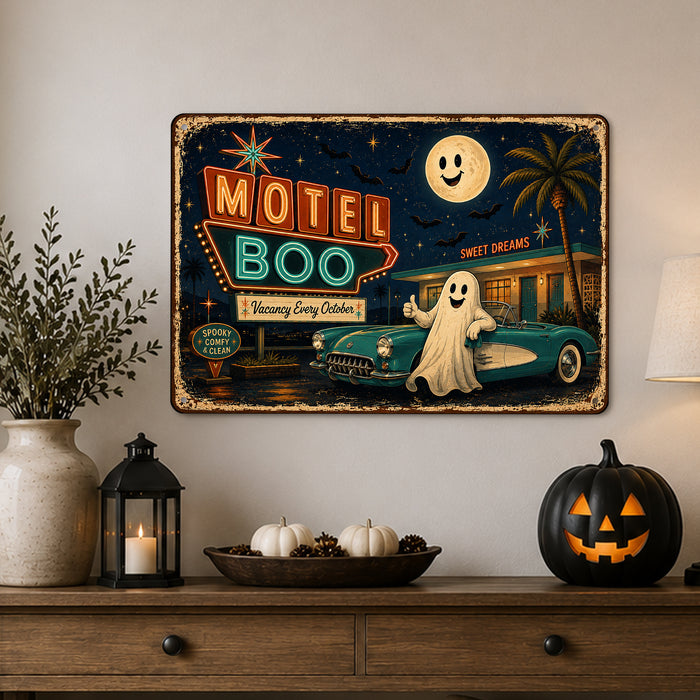 Motel Boo Vacancy Every October Ghost metal sign with retro humor halloween style — Motel Boo Vacancy Every October Ghost
