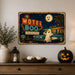 Motel Boo Vacancy Every October Ghost metal sign with retro humor halloween style — Motel Boo Vacancy Every October Ghost