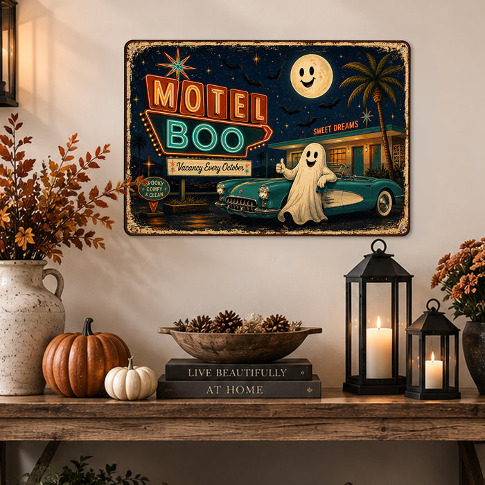 Motel Boo Vacancy Every October Ghost metal sign with retro humor halloween style — Motel Boo Vacancy Every October Ghost