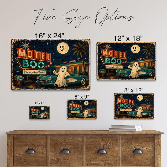 Motel Boo Vacancy Every October Ghost metal sign with retro humor halloween style — Motel Boo Vacancy Every October Ghost