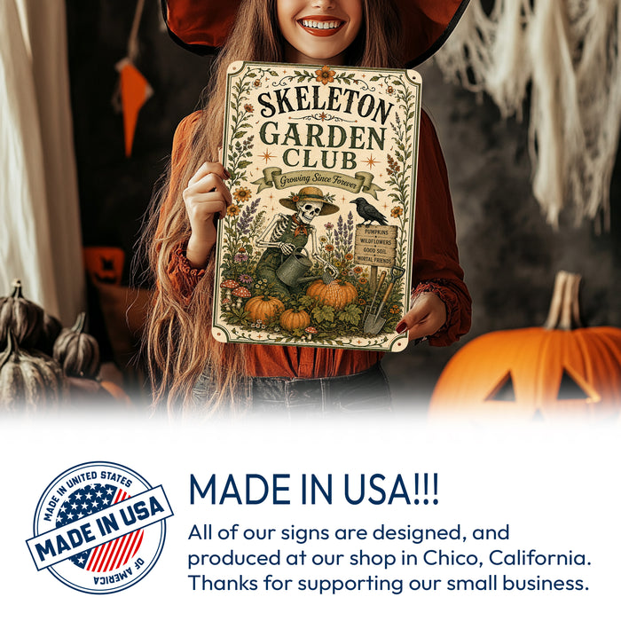 Skeleton Garden Club Growing Since Forever metal sign with retro humor halloween style — Skeleton Garden Club Growing Since