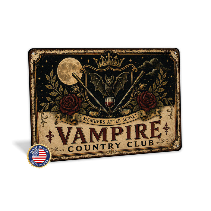 Vampire Country Club Members After Sunset metal sign with retro humor halloween style — Vampire Country Club Members After