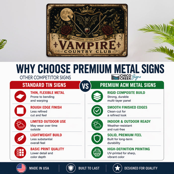 Vampire Country Club Members After Sunset metal sign with retro humor halloween style — Vampire Country Club Members After