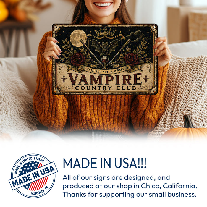 Vampire Country Club Members After Sunset metal sign with retro humor halloween style — Vampire Country Club Members After