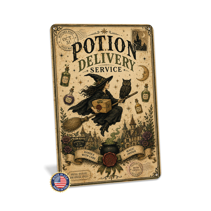 Potion Delivery Service Witch on Broom metal sign with retro humor halloween style — Potion Delivery Service Witch on Broom