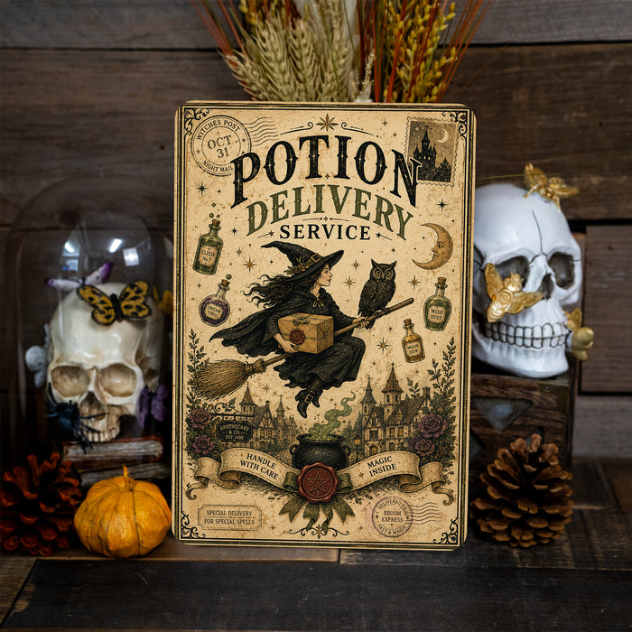 Potion Delivery Service Witch on Broom metal sign with retro humor halloween style — Potion Delivery Service Witch on Broom
