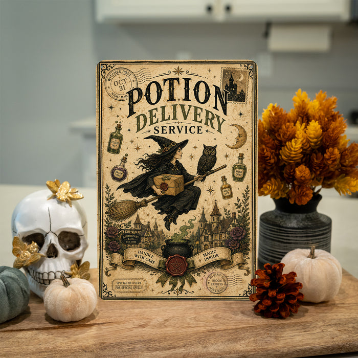 Potion Delivery Service Witch on Broom metal sign with retro humor halloween style — Potion Delivery Service Witch on Broom