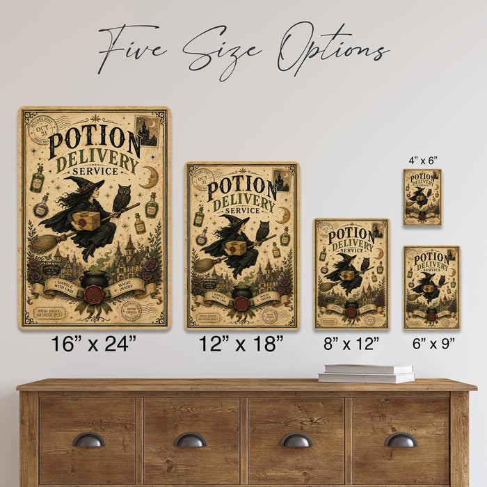Potion Delivery Service Witch on Broom metal sign with retro humor halloween style — Potion Delivery Service Witch on Broom