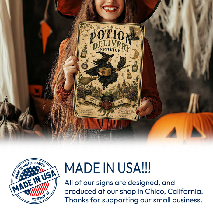 Potion Delivery Service Witch on Broom metal sign with retro humor halloween style — Potion Delivery Service Witch on Broom