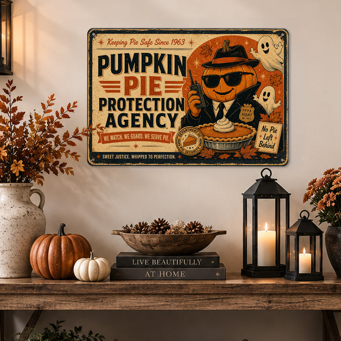 Pumpkin Pie Protection Agency Halloween metal sign with retro humor halloween style — Pumpkin Pie Protection Agency Halloween