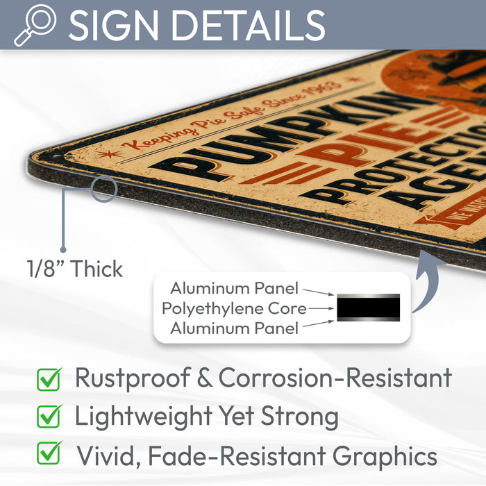 Pumpkin Pie Protection Agency Halloween metal sign with retro humor halloween style — Pumpkin Pie Protection Agency Halloween