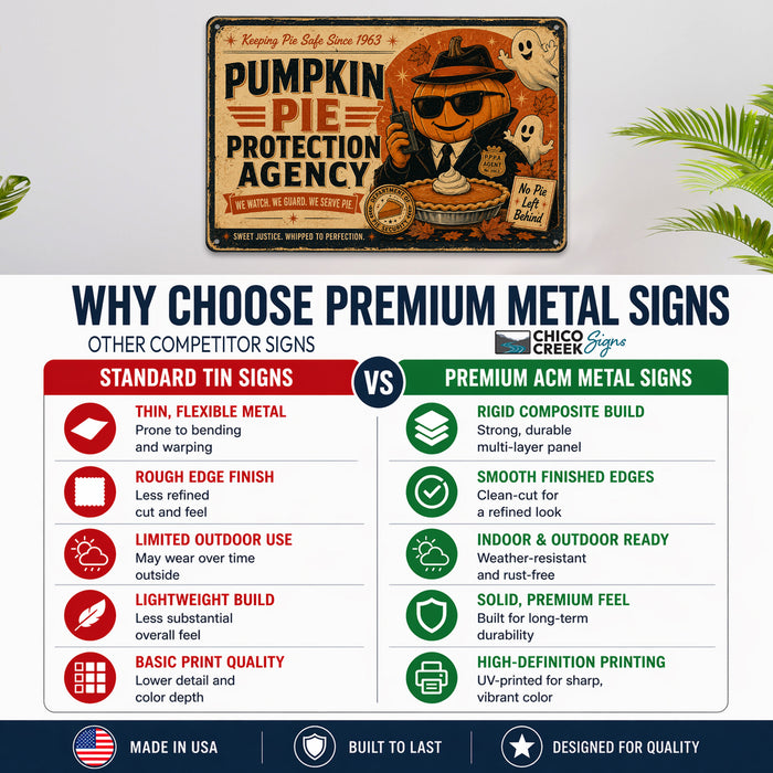 Pumpkin Pie Protection Agency Halloween metal sign with retro humor halloween style — Pumpkin Pie Protection Agency Halloween