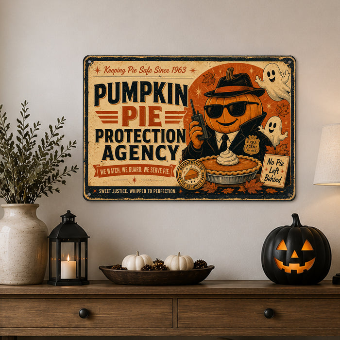 Pumpkin Pie Protection Agency Halloween metal sign with retro humor halloween style — Pumpkin Pie Protection Agency Halloween
