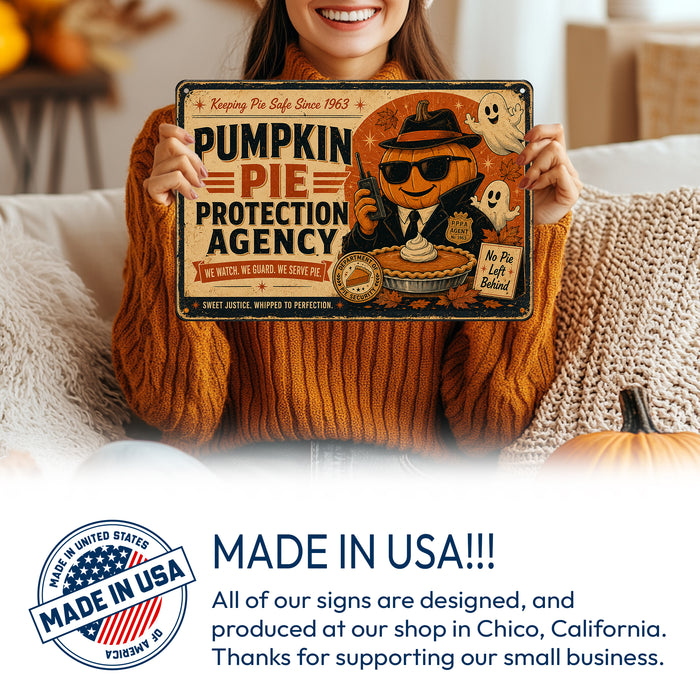 Pumpkin Pie Protection Agency Halloween metal sign with retro humor halloween style — Pumpkin Pie Protection Agency Halloween