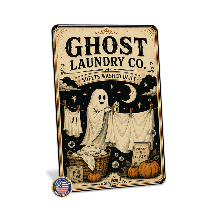 Ghost Laundry Co Sheets Washed Daily metal sign with retro humor halloween style — Ghost Laundry Co Sheets Washed Daily