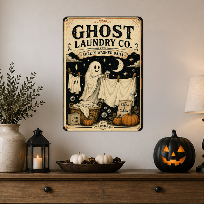 Ghost Laundry Co Sheets Washed Daily metal sign with retro humor halloween style — Ghost Laundry Co Sheets Washed Daily