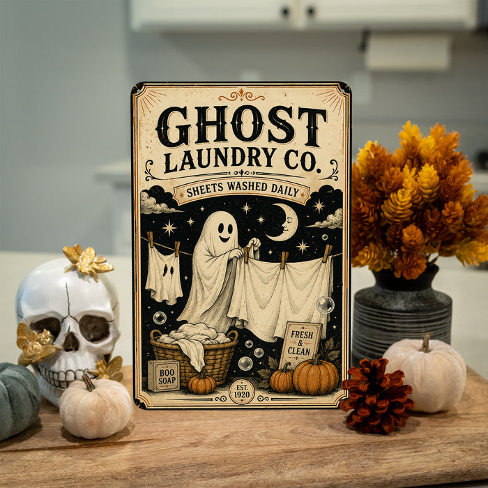 Ghost Laundry Co Sheets Washed Daily metal sign with retro humor halloween style — Ghost Laundry Co Sheets Washed Daily