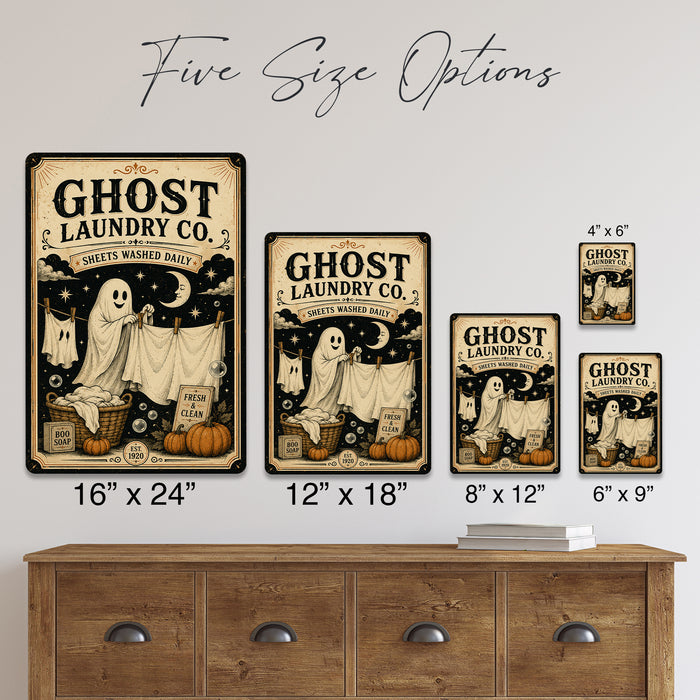 Ghost Laundry Co Sheets Washed Daily metal sign with retro humor halloween style — Ghost Laundry Co Sheets Washed Daily