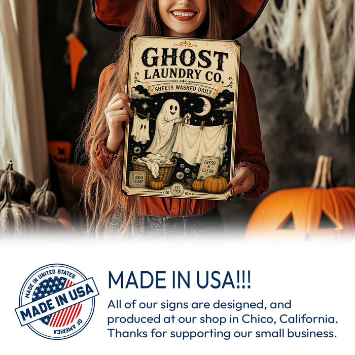Ghost Laundry Co Sheets Washed Daily metal sign with retro humor halloween style — Ghost Laundry Co Sheets Washed Daily