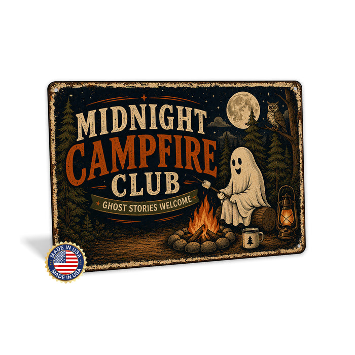 Midnight Campfire Club Ghost Stories metal sign with retro humor halloween style — Midnight Campfire Club Ghost Stories