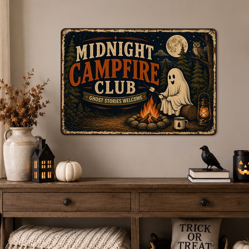 Midnight Campfire Club Ghost Stories metal sign with retro humor halloween style — Midnight Campfire Club Ghost Stories