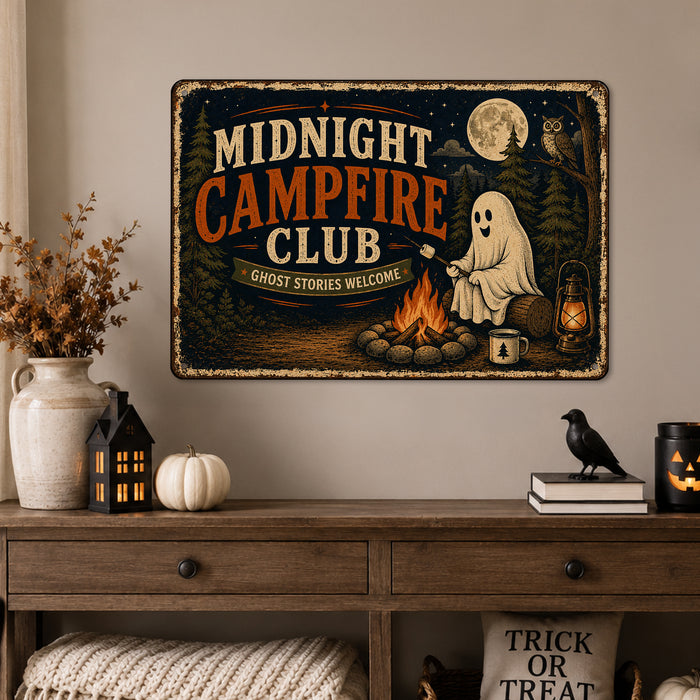 Midnight Campfire Club Ghost Stories metal sign with retro humor halloween style — Midnight Campfire Club Ghost Stories