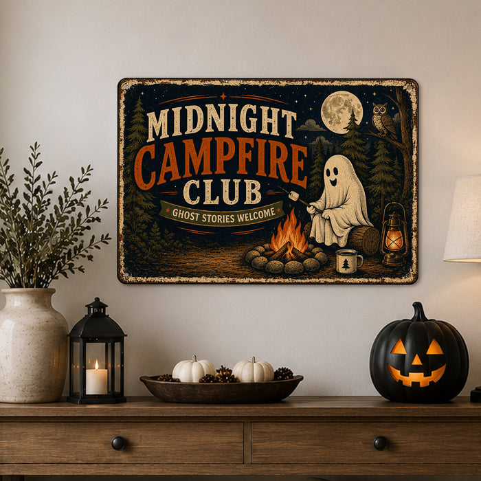 Midnight Campfire Club Ghost Stories metal sign with retro humor halloween style — Midnight Campfire Club Ghost Stories