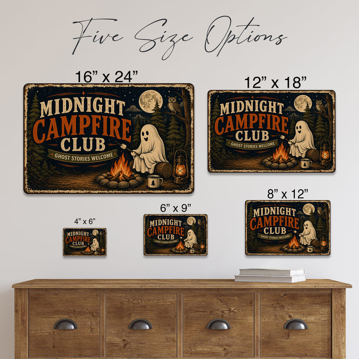 Midnight Campfire Club Ghost Stories metal sign with retro humor halloween style — Midnight Campfire Club Ghost Stories