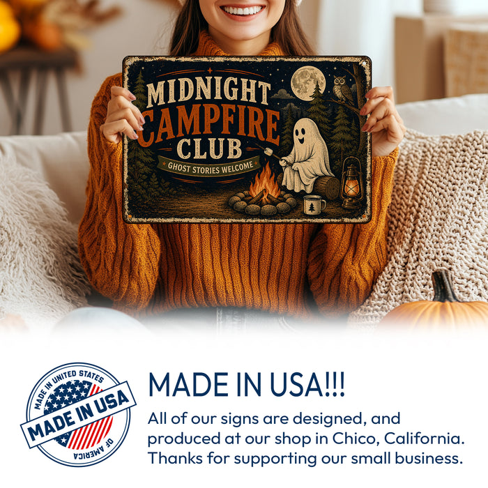 Midnight Campfire Club Ghost Stories metal sign with retro humor halloween style — Midnight Campfire Club Ghost Stories