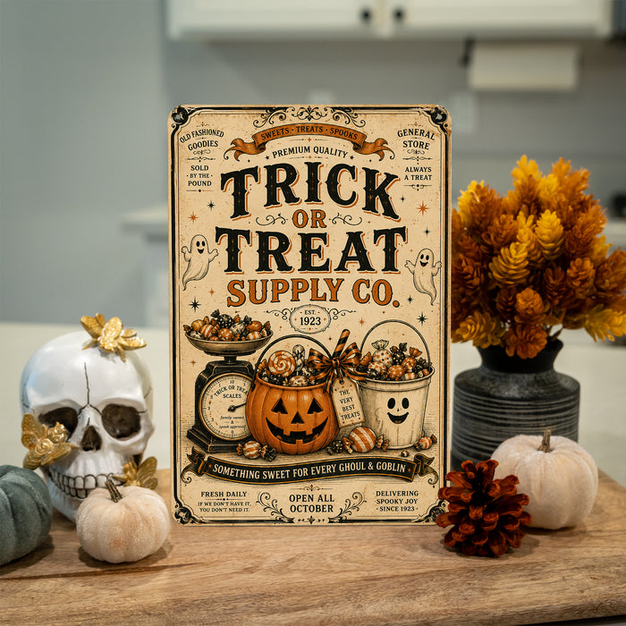 Trick or Treat Supply Co Est 1923 metal sign with retro humor halloween style — Trick or Treat Supply Co Est 1923