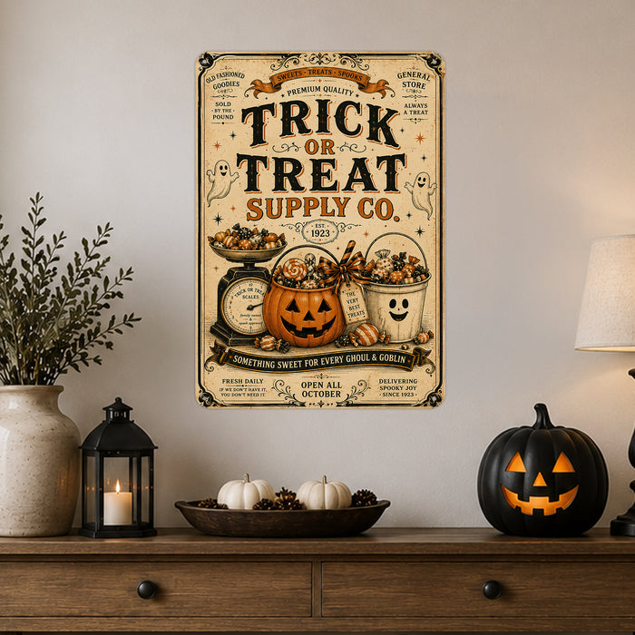 Trick or Treat Supply Co Est 1923 metal sign with retro humor halloween style — Trick or Treat Supply Co Est 1923