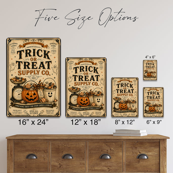 Trick or Treat Supply Co Est 1923 metal sign with retro humor halloween style — Trick or Treat Supply Co Est 1923