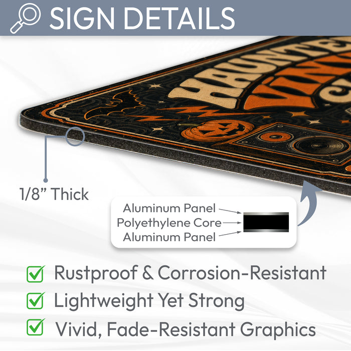 Haunted Vinyl Club Now Spinning Since 1983 metal sign with retro humor halloween style — Haunted Vinyl Club Now Spinning