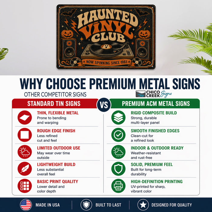 Haunted Vinyl Club Now Spinning Since 1983 metal sign with retro humor halloween style — Haunted Vinyl Club Now Spinning