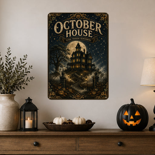 October House Every Window Remembers metal sign with retro humor halloween style — October House Every Window Remembers