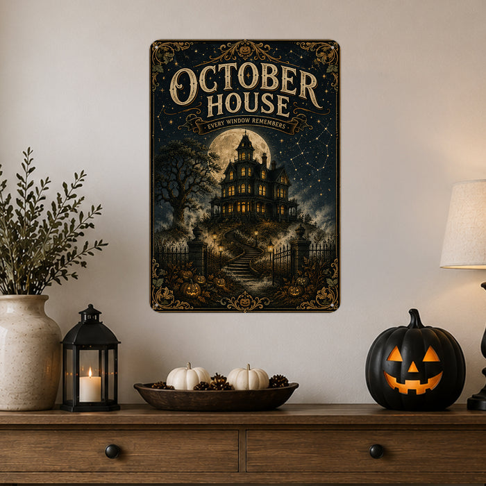 October House Every Window Remembers metal sign with retro humor halloween style — October House Every Window Remembers