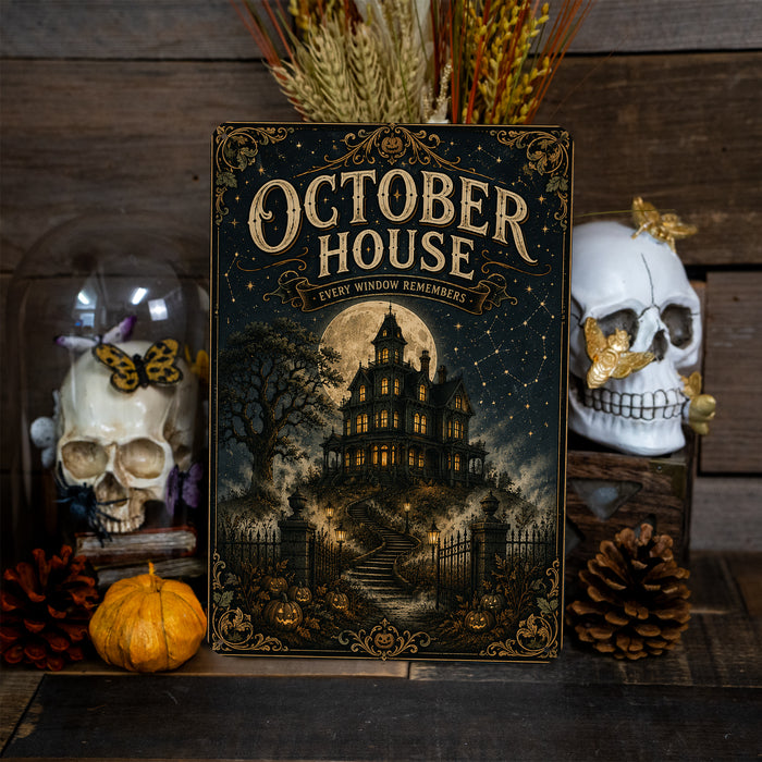 October House Every Window Remembers metal sign with retro humor halloween style — October House Every Window Remembers