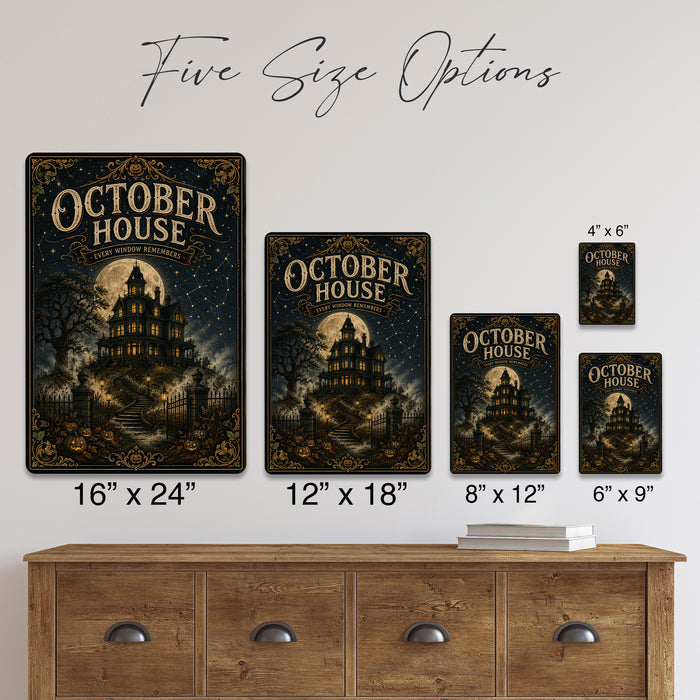 October House Every Window Remembers metal sign with retro humor halloween style — October House Every Window Remembers