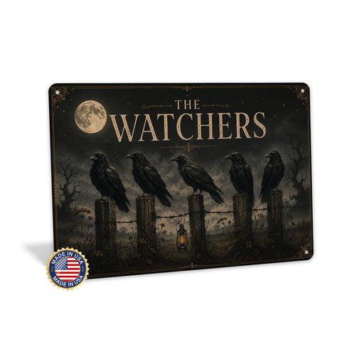 The Watchers Five Ravens Full Moon metal sign with retro humor halloween style — The Watchers Five Ravens Full Moon