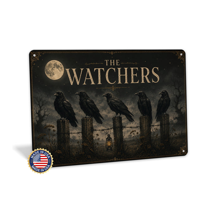 The Watchers Five Ravens Full Moon metal sign with retro humor halloween style — The Watchers Five Ravens Full Moon