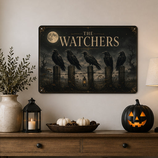 The Watchers Five Ravens Full Moon metal sign with retro humor halloween style — The Watchers Five Ravens Full Moon
