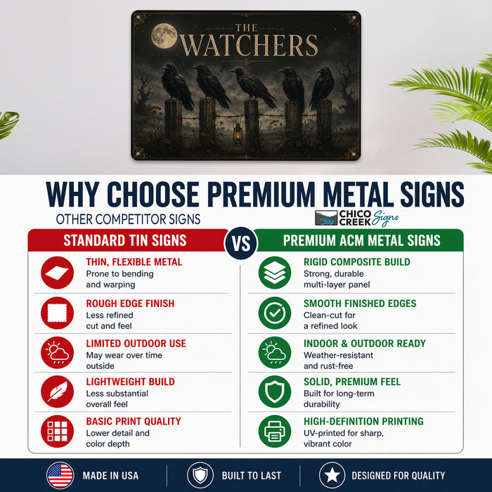 The Watchers Five Ravens Full Moon metal sign with retro humor halloween style — The Watchers Five Ravens Full Moon