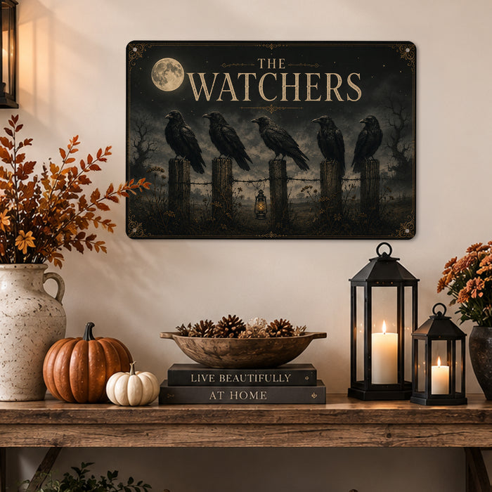 The Watchers Five Ravens Full Moon metal sign with retro humor halloween style — The Watchers Five Ravens Full Moon