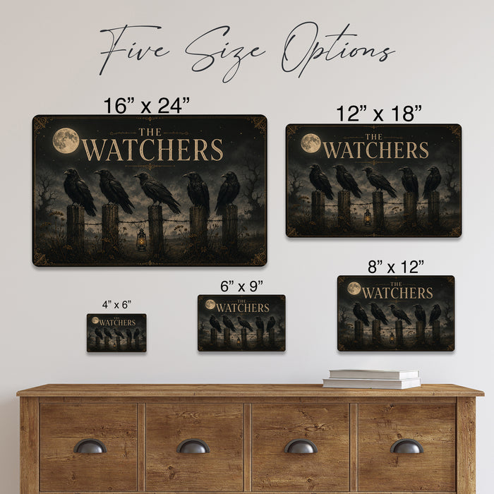 The Watchers Five Ravens Full Moon metal sign with retro humor halloween style — The Watchers Five Ravens Full Moon